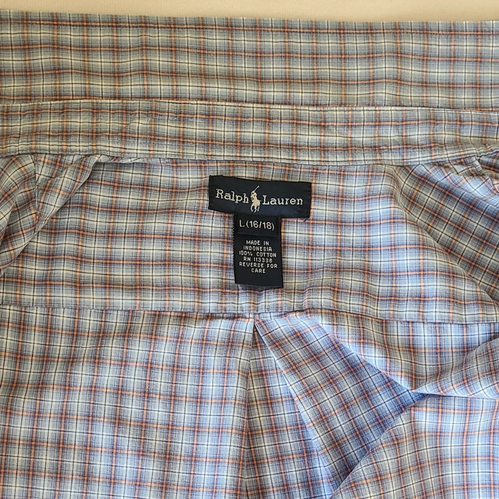 Ralph Lauren Boys 16/18 Blue Plaid Button Down Shirt Pony Logo